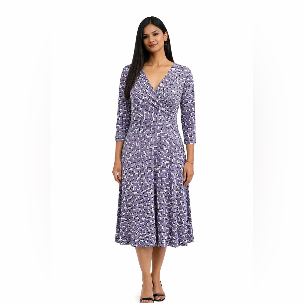Apt. 9 Woman 1X Lavender/ Soft Purple Geometric Faux Wrap Midi Dress 3/4 Sleeve